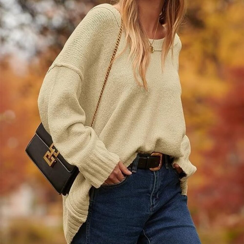 Women's Beige Oversized Sweater Off Shoulder Scoop Neck Batwing Sleeve Top